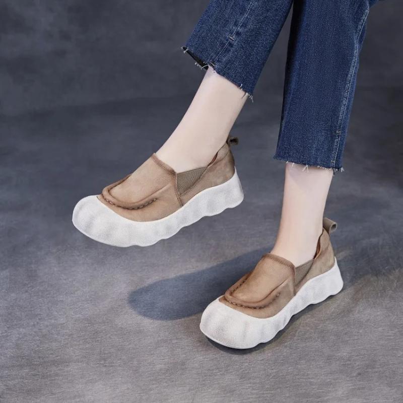 Johnature Genuine Leather Soft Soled Retro Loafers Versatile Round Toe Flat Women's Slip-on Shoes