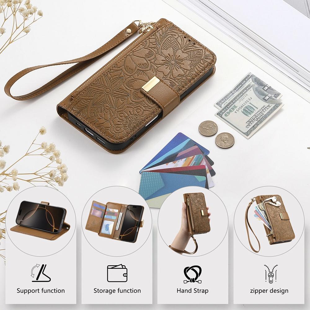Phone Wallet Case with 6 Card Slots, Zip Coin Pocket, Stand for Hands-Free Viewing & Wrist Strap, Floral Design for OPPO VIVO Xiaomi Redmi Google