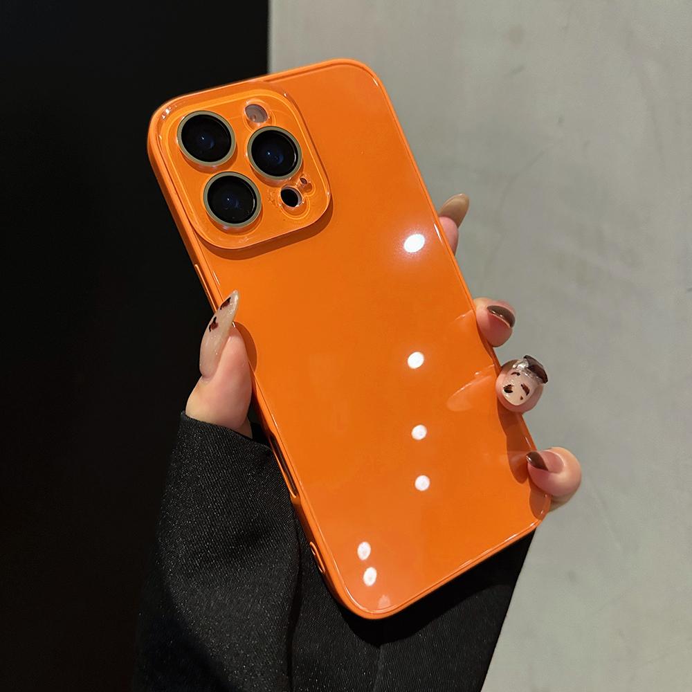 

Orange Glossy Solid Color Phone Case For iPhone 17 16 15 14 Plus 13 Pro Max Tempered Hard Glass Back Cover iPhone Air
