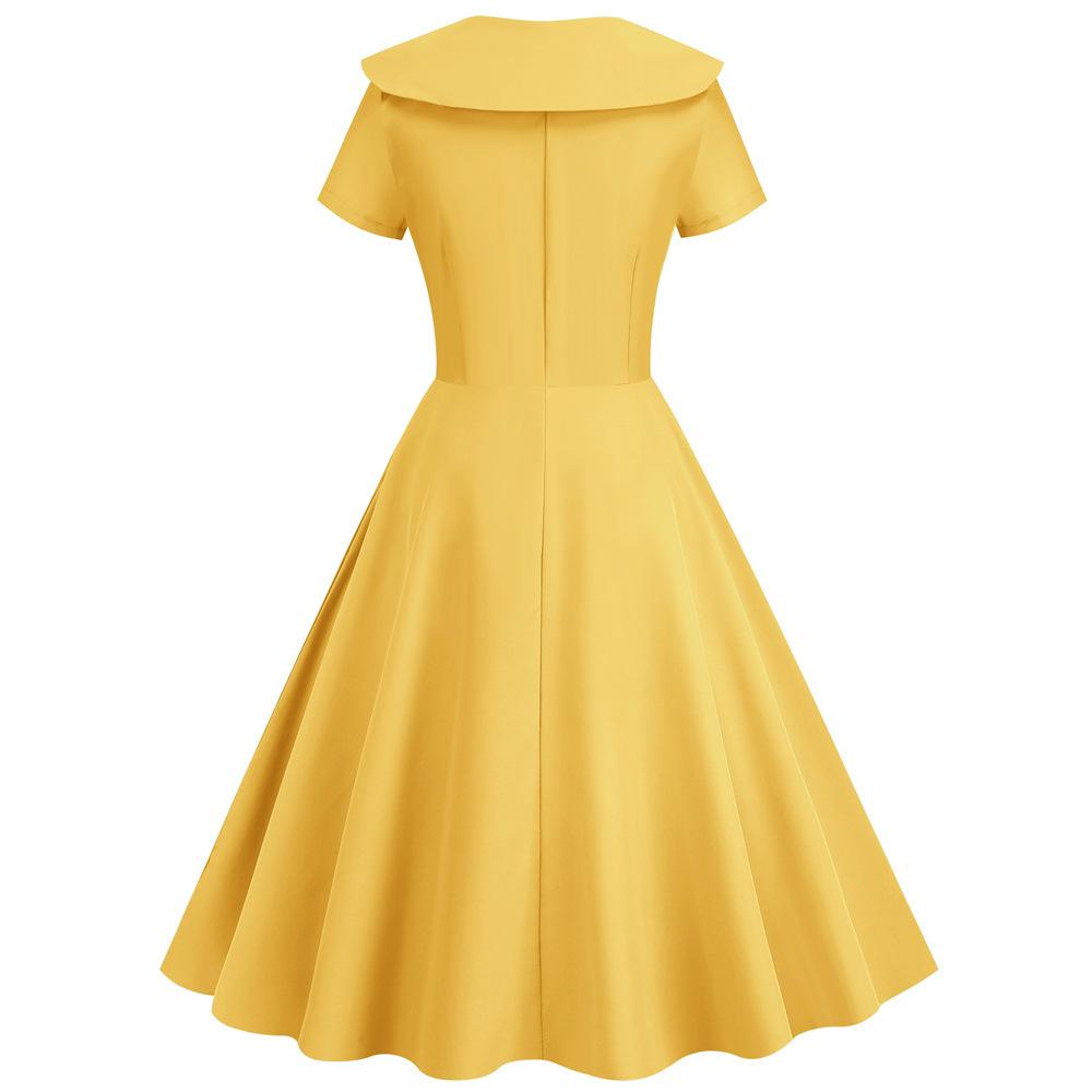 Retro Women Dress Turn-down Collar Shortn Sleeves A-line Big Swing Buttons Slim Fit Solid Color 50s Ball Prom Midi Dress