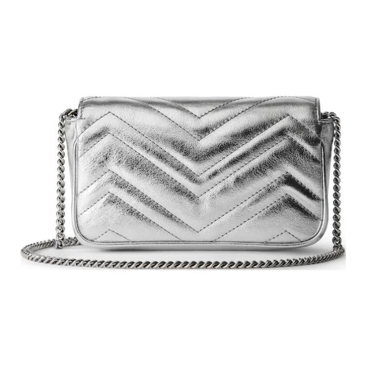 Gucci GG Marmont Silver Metallic Leather Chevron Quilted Mini Chain Crossbody Bag For Women Daily Use