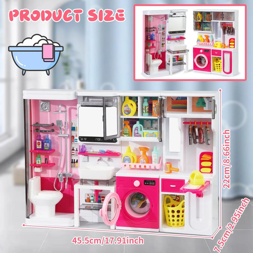 Pink Bathroom Role Play Set with Shower Vanity Laundry Cabinet Ironing Board - Ideal Christmas Thanksgiving New Year Gift