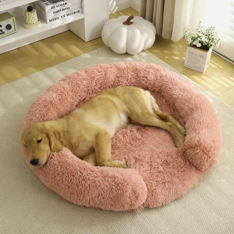 New Round Plush Pet Bed - Winter Warm Dog Cat Bed with Long Fur Cozy Sleeping Mat Cushion for Small Medium Pets