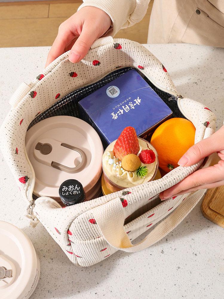 1PC Autumn and Winter Lunch Bag, Portable Hand-held Insulated Bento Bag, Corduroy Strawberry Meal Bag, Ice Pack