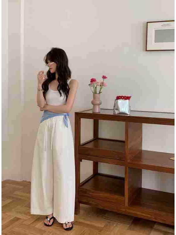 

Ting Lan White Cow Elastic Loose Wide-Leg Slimming Casual Nine-Point Pants S (90-110 lbs, Length 94cm) покинуть белый