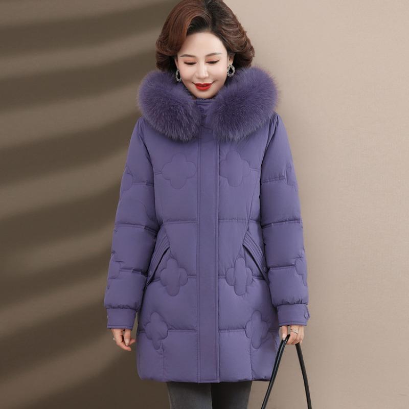 New down jacket mother women's clothing medium and old winter medium and long thickened fox fur collar white duck down jacket