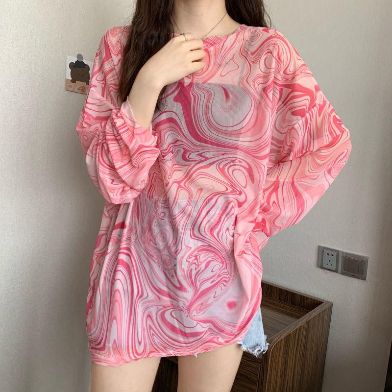 Tie-Dye Water Wave Pattern Mesh Sun Protection Cover-up Summer Trendy Korean Style Loose Long-sleeve Internet Celebrity T-shirt Sheer Top