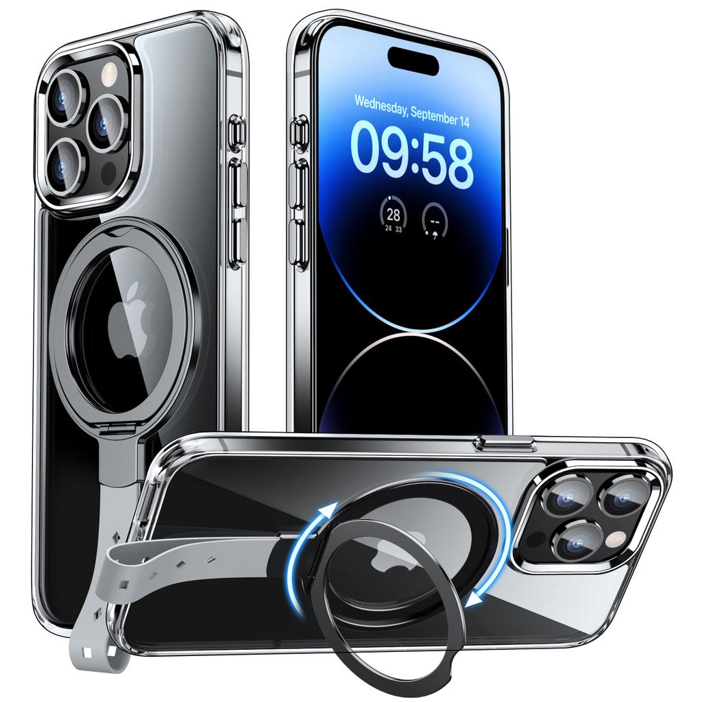 Für iPhone 14 Pro Max Magnetische Hülle Transparentes PC Hart Handyhülle Drehbarer Griffhalter