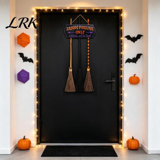Vintage Style Witch Decor Halloween Broom Parking Sign with 3 Pcs Wooden Witches Brooms, Hocus Pocus Indoor Festive Wall Art Themed Hanging