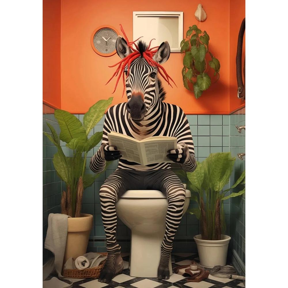 Funny Monkey Reading Newspaper OnToilet Canvas Print Black Cat Animal Bathroom Wall Art Poster for Modern Living Room Home Decor