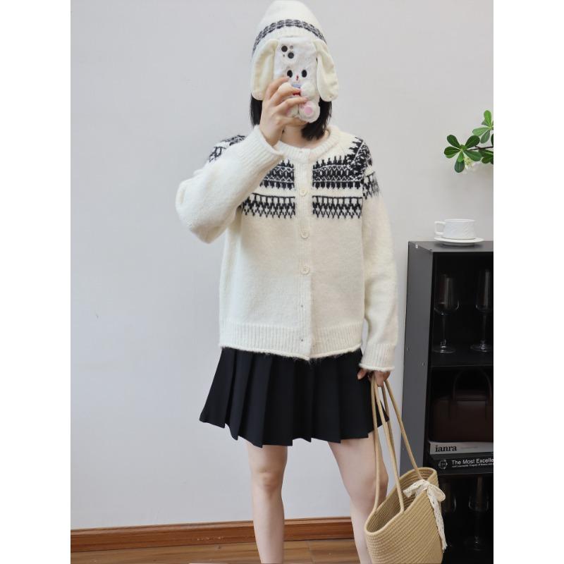 Autumn and Winter New with Hat Fair Island Jacquard Knitted Cardigan Design Sense Loose Soft Waxy Sweater Jacket Women