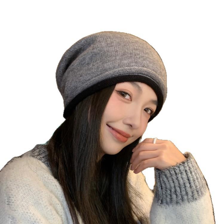 Double rolled Edge Drawstring Pile Hat Women's Warm Headscarf  Cold Hat  Big Head Circumference  Making The Face Look Smaller  Versatile Knitted Hat