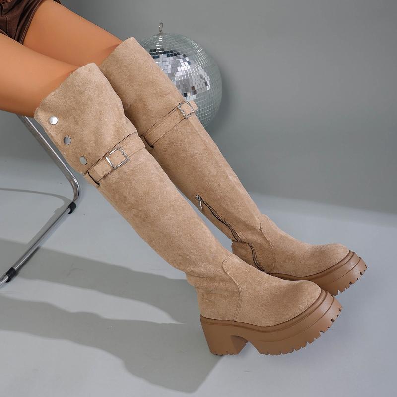 New 2025 Autumn Winter Women's Long Boots Limerade Thick Bottom High Heel Waterproof Canvas Vintage Style Brown Long Tube Boots