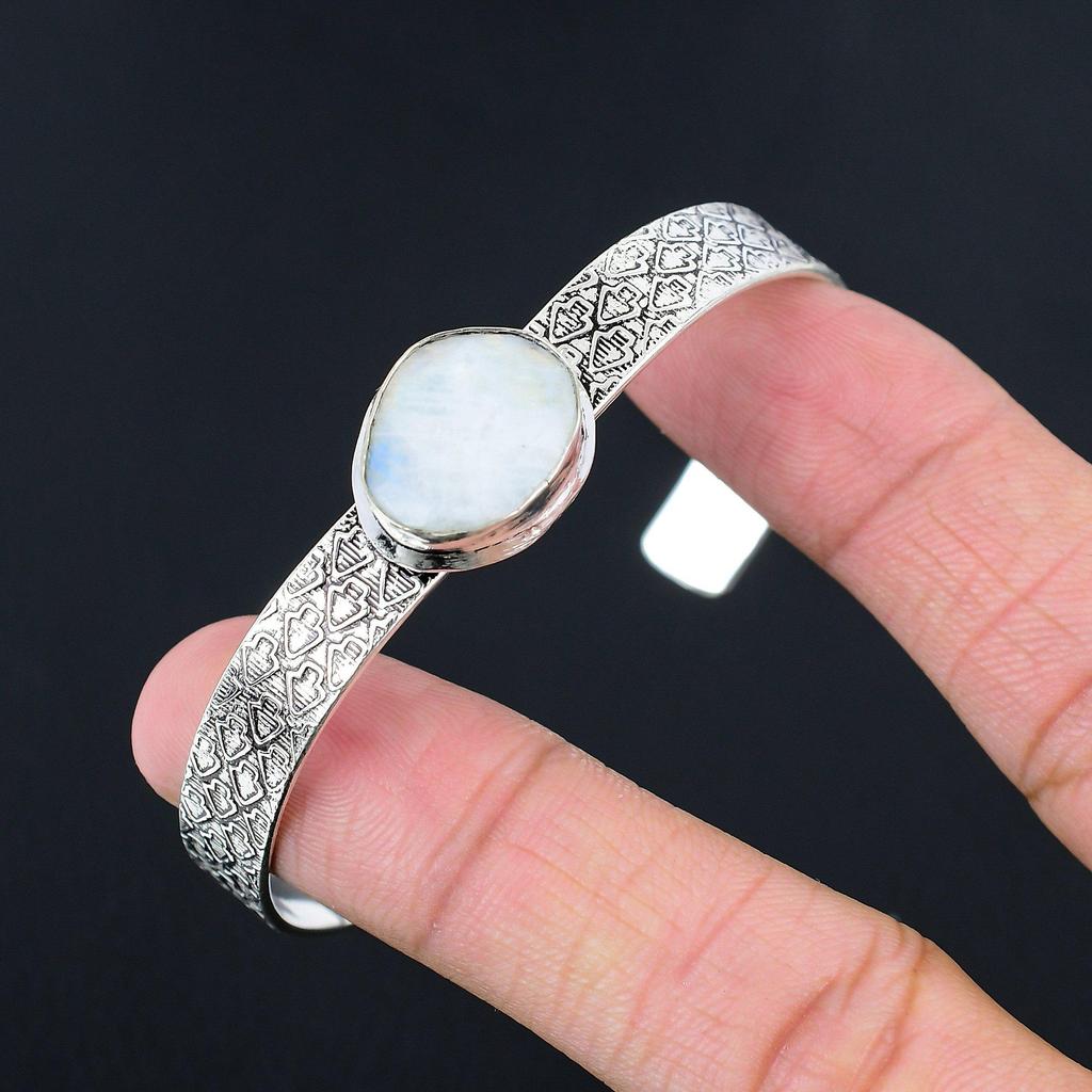 Gift For Her 925 Silver Natural Rainbow Moonstone Gemstone Bangle Adjustable