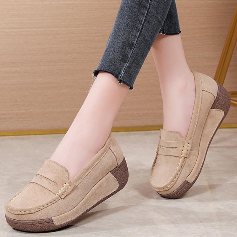 Cow Suede Women Platform Shoes Fashion Wedge Heels Elegant Ladies Casual Walking Shoes Slip-on Loafers