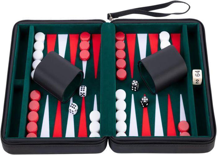 Pochette de jeu Backgammon de voyage 9" Similicuir rouge - fermeture Zip - Interieur feutré: vert/rouge/blanc - 250502