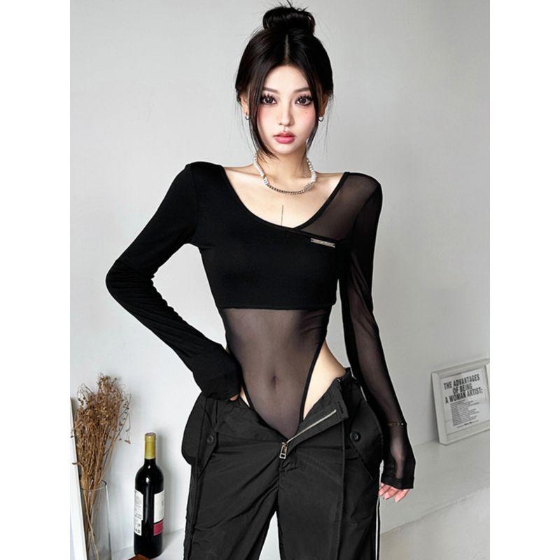# Sisjuly# Y2g Nightclub Disco High Sense Mesh Patchwork Slim fit Slimming T-shirt Women Sexy Jumpsuit