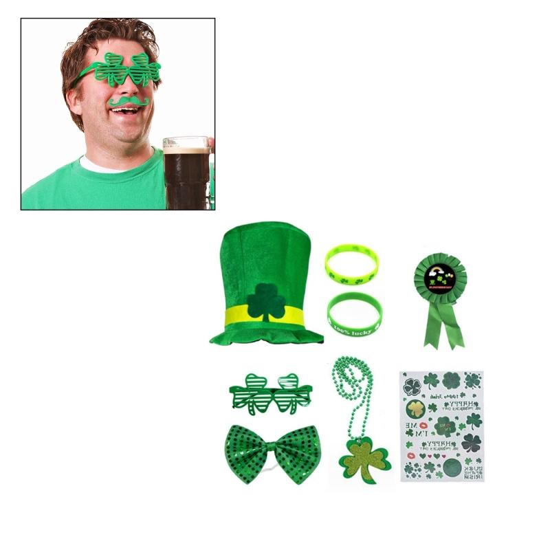St Patrick Day Green Costume Accessories Shamrock Hat Wristband Irish National Day Celebration Party Props Supply 8PCS