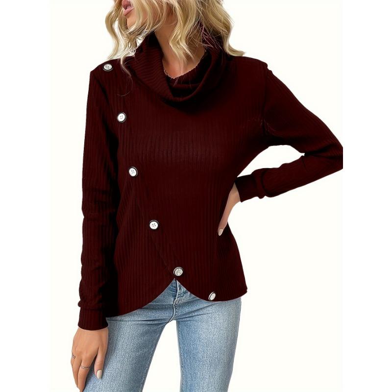 Women S Long Sleeve Knit Pullover Top Mock Neck Solid Color Irregular Hem