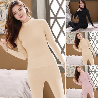 2 Pcs/Set Winter Thermal Underwear Set Middle-high Collar Long Sleeve Warm Thick Plush Slim Fit Elastic Cold Weather Pajamas Set Homewear Clothing