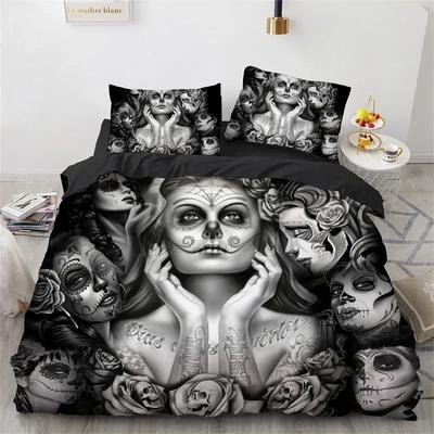 3D-gedruckte Horror Gothic Weibliches Skelett Untot Bettbezug Bettwäscheset, Weiches Bequemes Polyester, Queen-Size-Bettwäscheset