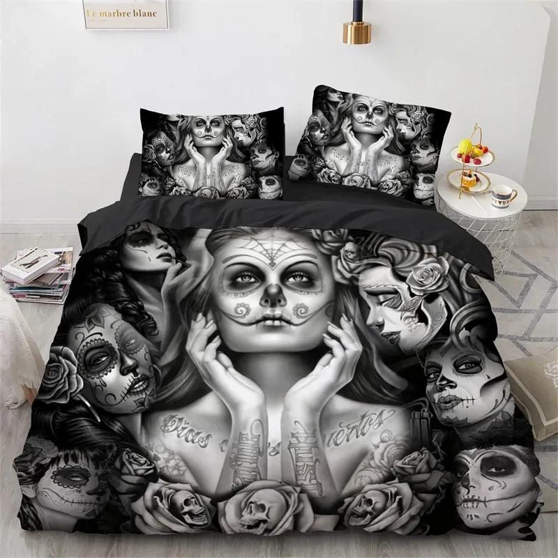 

3D Printed Horror Gothic Female Skeleton Undead Duvet Cover Bedding Set, Soft Comfortable Polyester, Queen Size Bedding Set 135x200cm