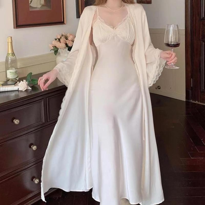 French Sexy Pure Desire Pajamas Temperament Ice Silk Suspender Women's Nightdress Set Summer Long Women's Chest Pad Two-piece Set