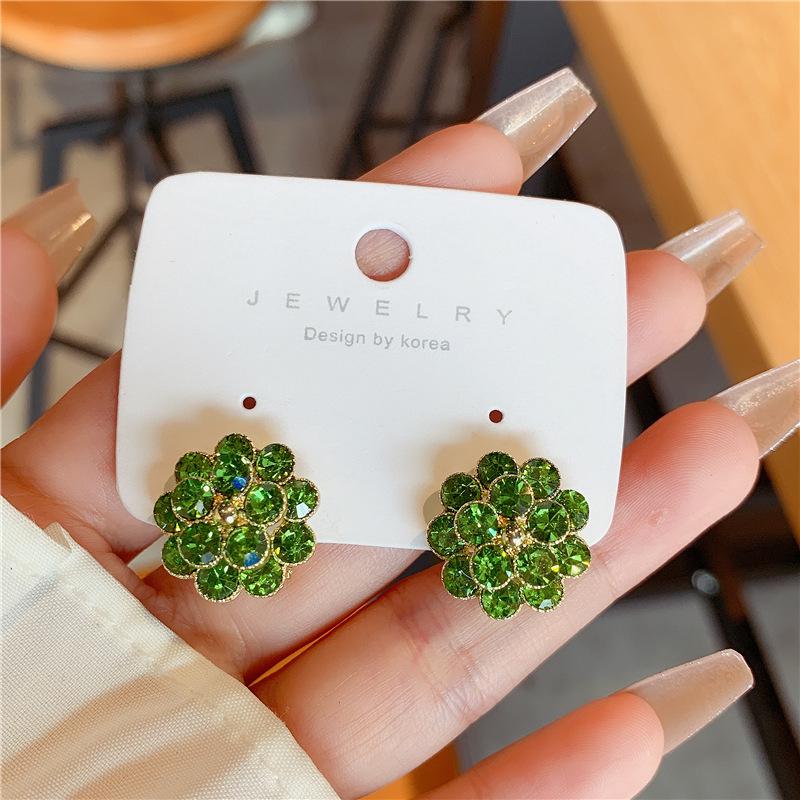 Elegant Rhinestone Flower Stud Earrings - Fashionable Light Luxury Ear Clips for Women