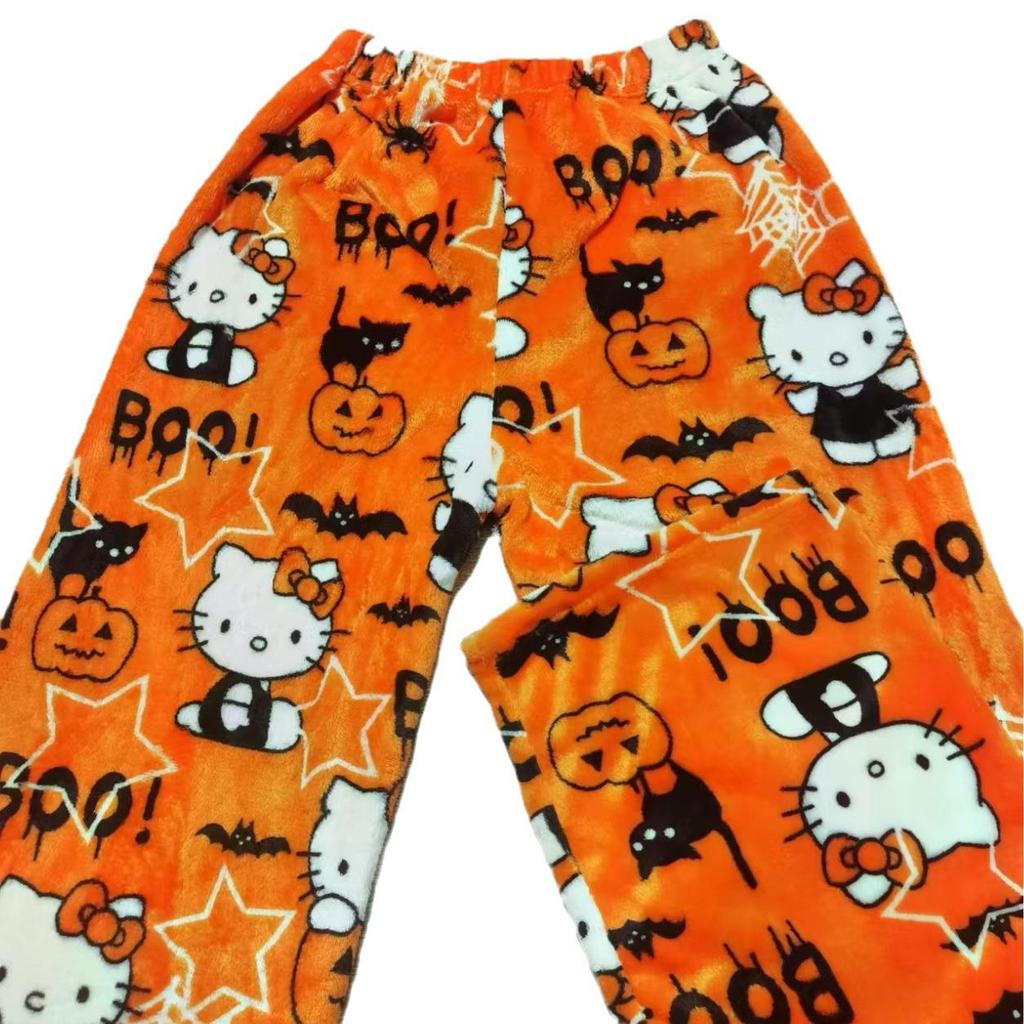 Cartoon KT Cat Christmas Flannel Pajama Pants for Women - Cozy Autumn/Winter Kitty Fleece Sleepwear