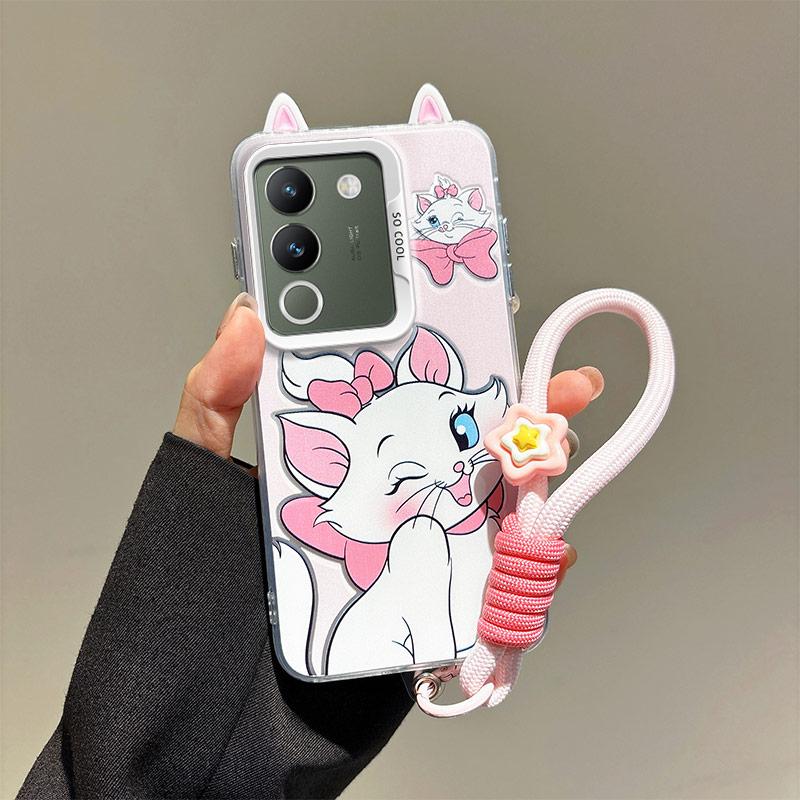 KEYSION Cute Ear Cartoon Case for VIVO V29e 5G with Lanyard Soft Silicone+PC Shockproof Phone Back Cover for VIVO V29e