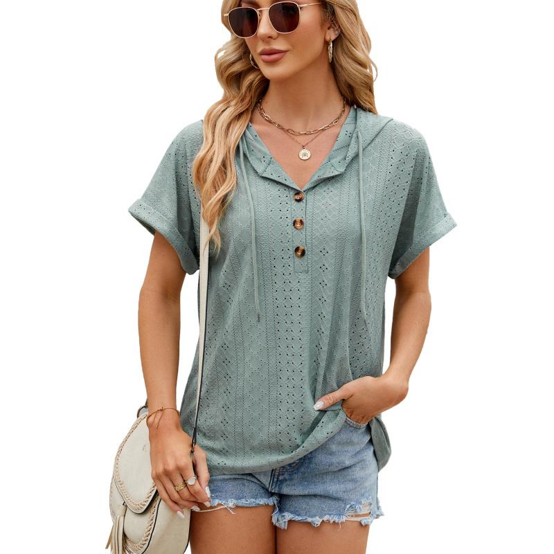2026 Spring/Summer New Solid Color Buttoned Hooded Loose Short-Sleeve T-Shirt for Women