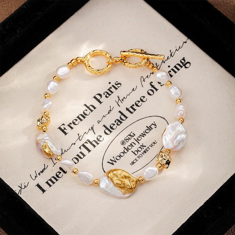 Elegant Freshwater Pearl Bracelet With 18K Gold Plated Copper Chain Baroque Geometric Design Women Handmade Jewelry