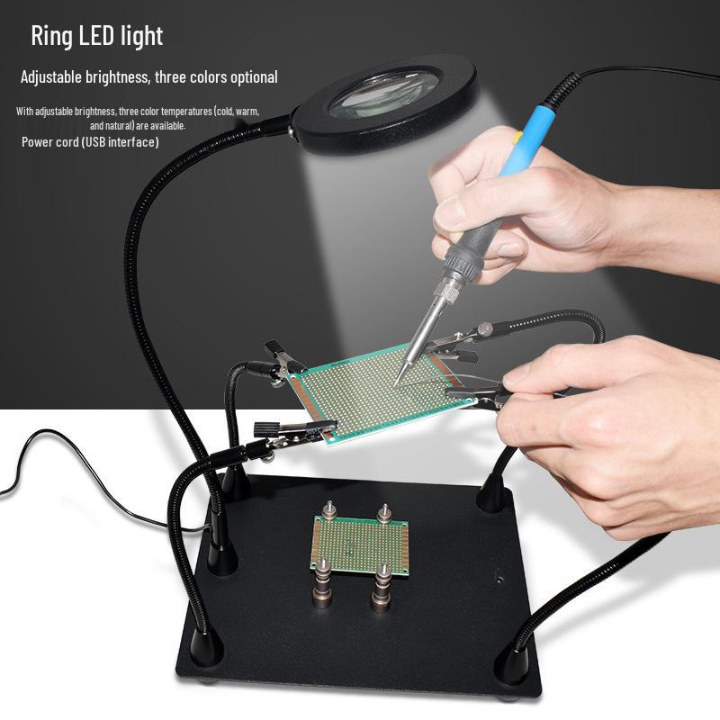 LED Magnifier Soldering Platform with Auxiliary Clips and Circuit Board Holder