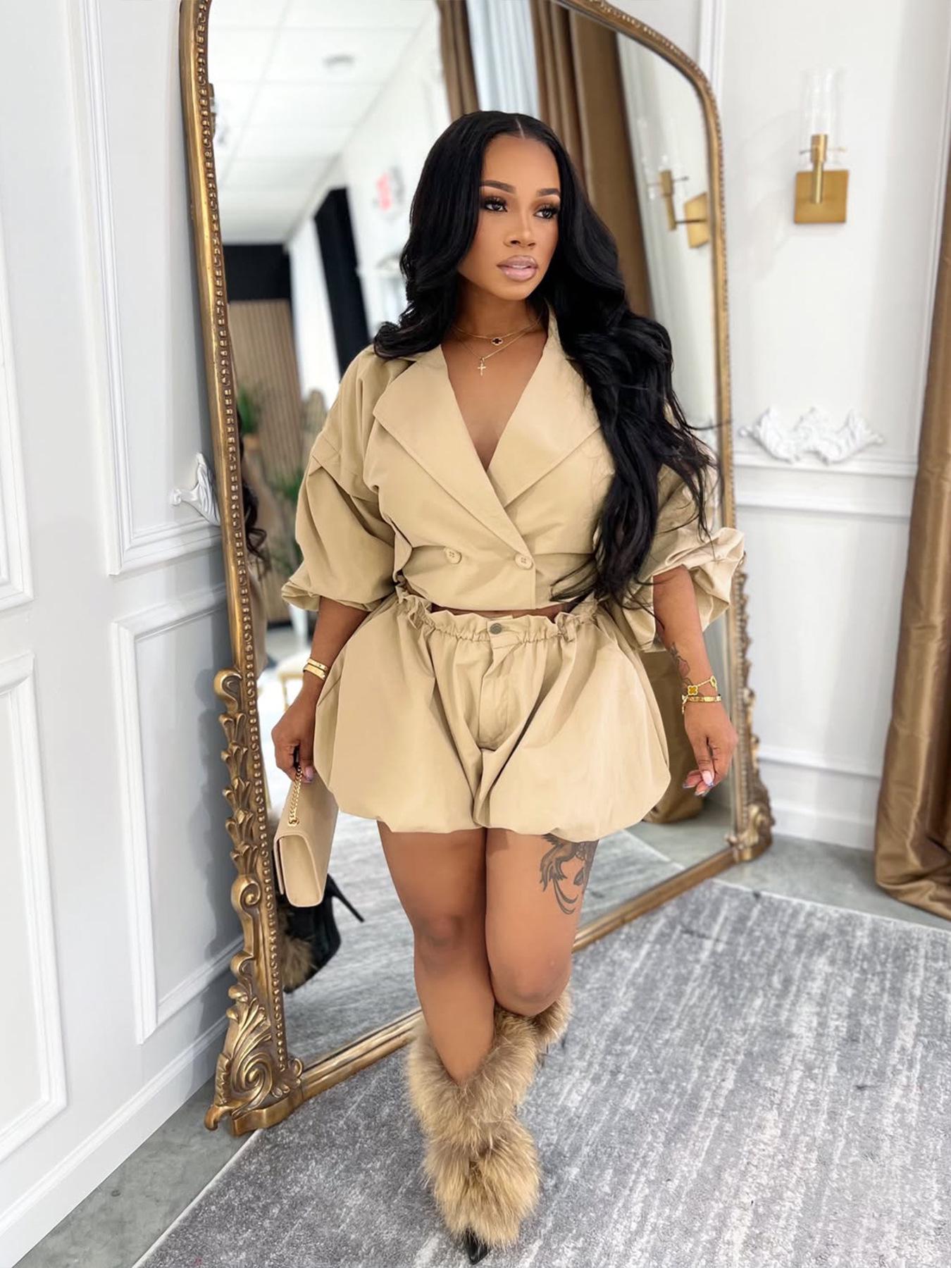 

Europe-America Style Solid Color Lapel Short Top & Belted Shorts Set for Women XXL хаки