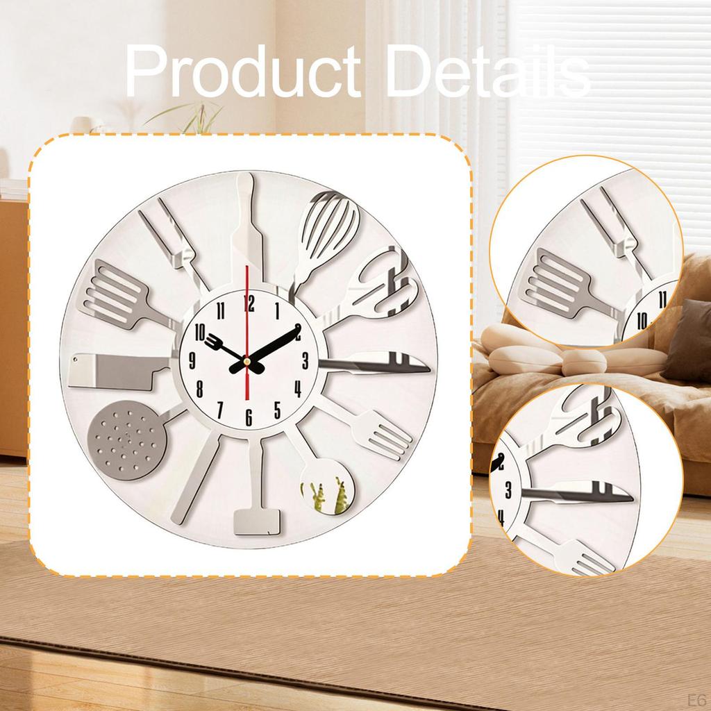 Acrylic Kitchen Wall Clock with Decorative Utensils, Silent Mechanism And Easy-to-Read Numbers,