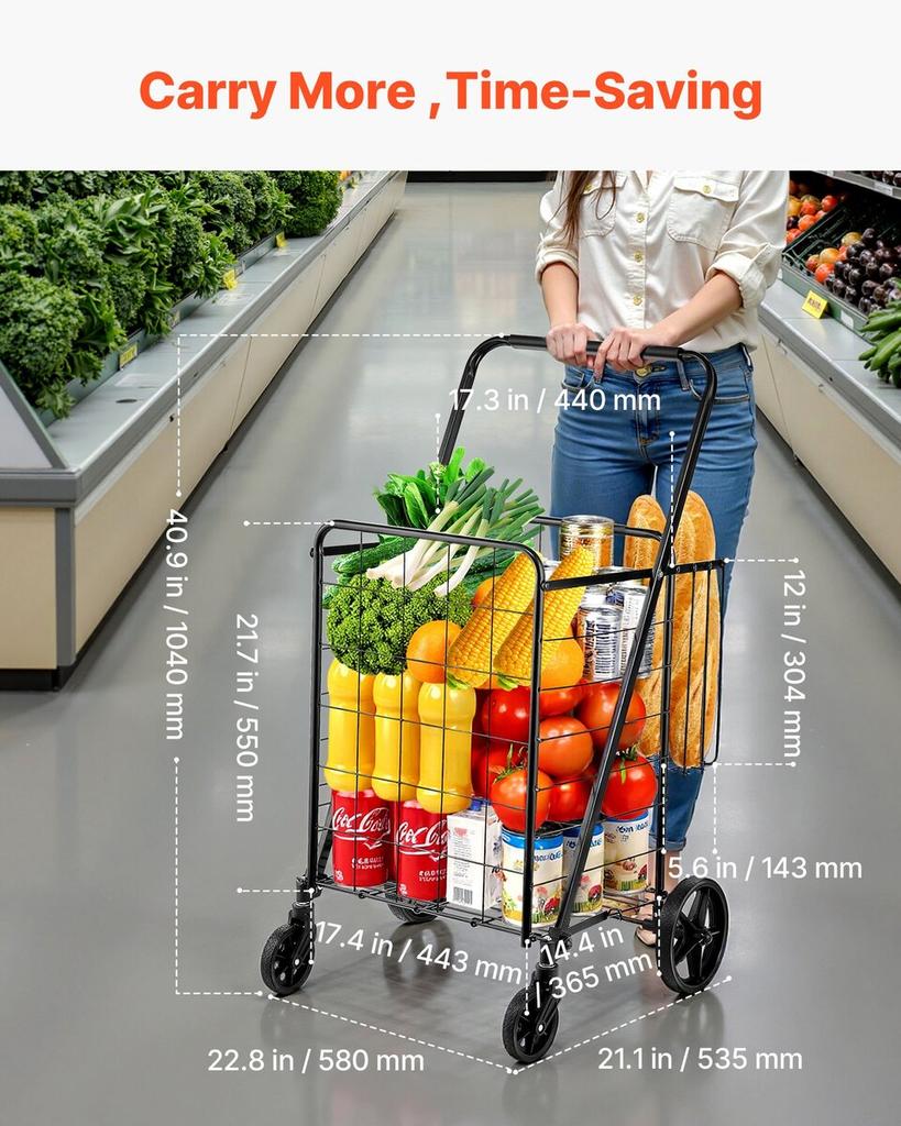 Folding Shopping Cart, Jumbo Grocery Cart with Double Baskets, 360° Swivel Wheels, Heavy Duty Utility Cart, 110 LBS Large Capacity Utility Cart for