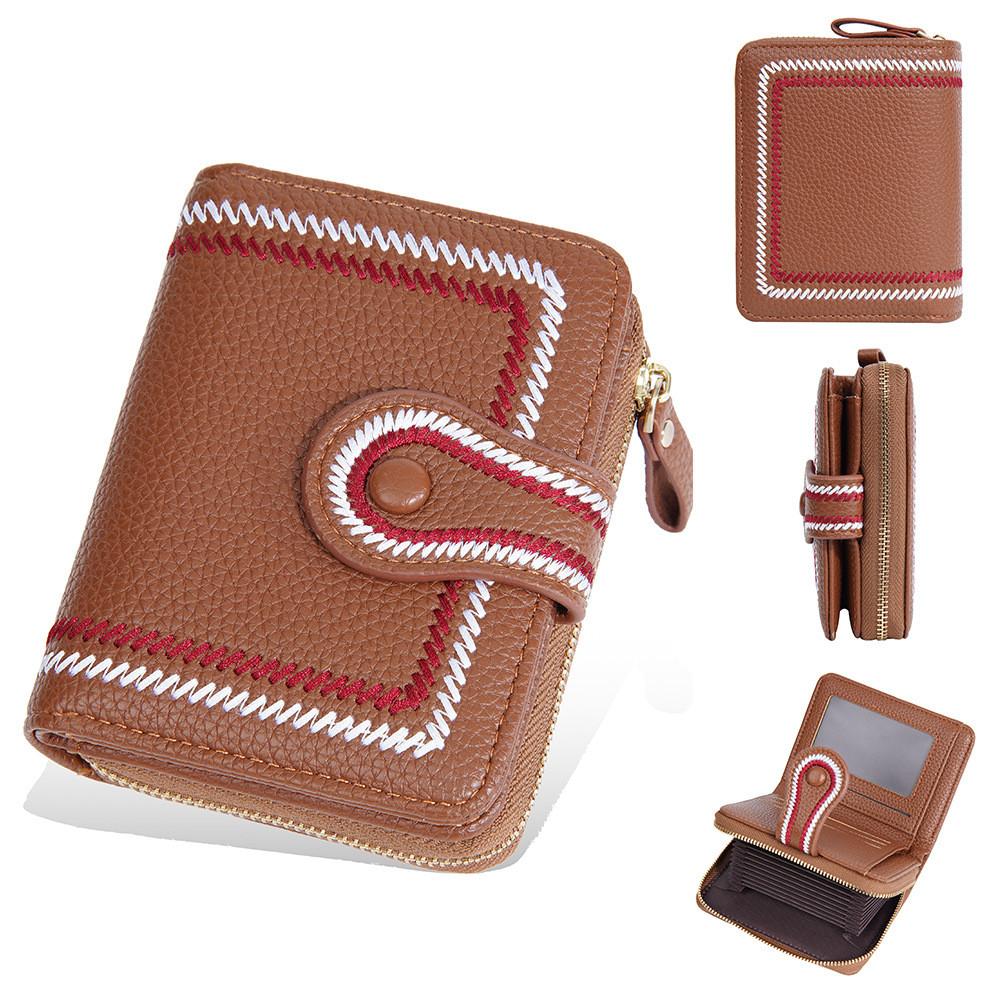 Womens Short Wallet With Zipper Closure And Embroidered Design For Daily Use