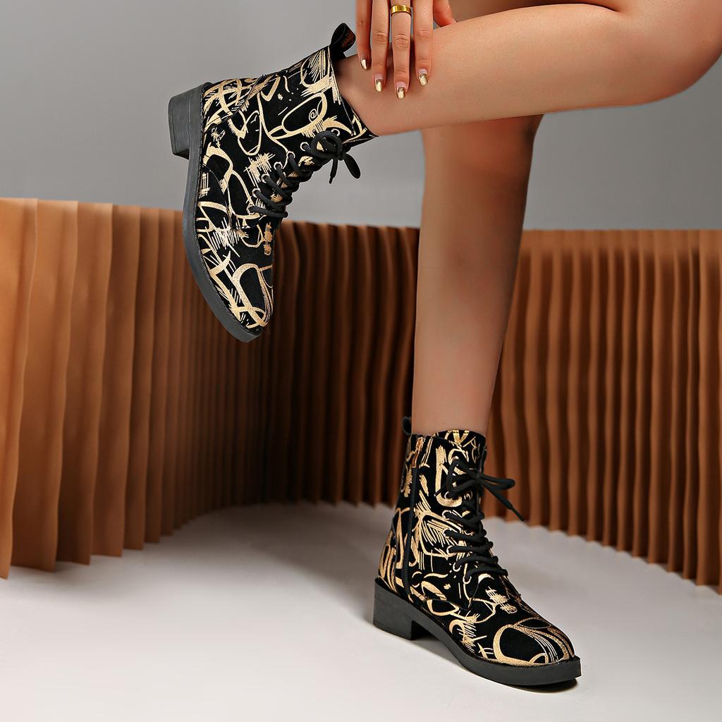 Jesień Zima Damskie Botki PU z Nadrukiem Plus Size Wygodne Ciepłe z Okrągłym Noskiem na Grubej Podeszwie Buty Martin 35-43