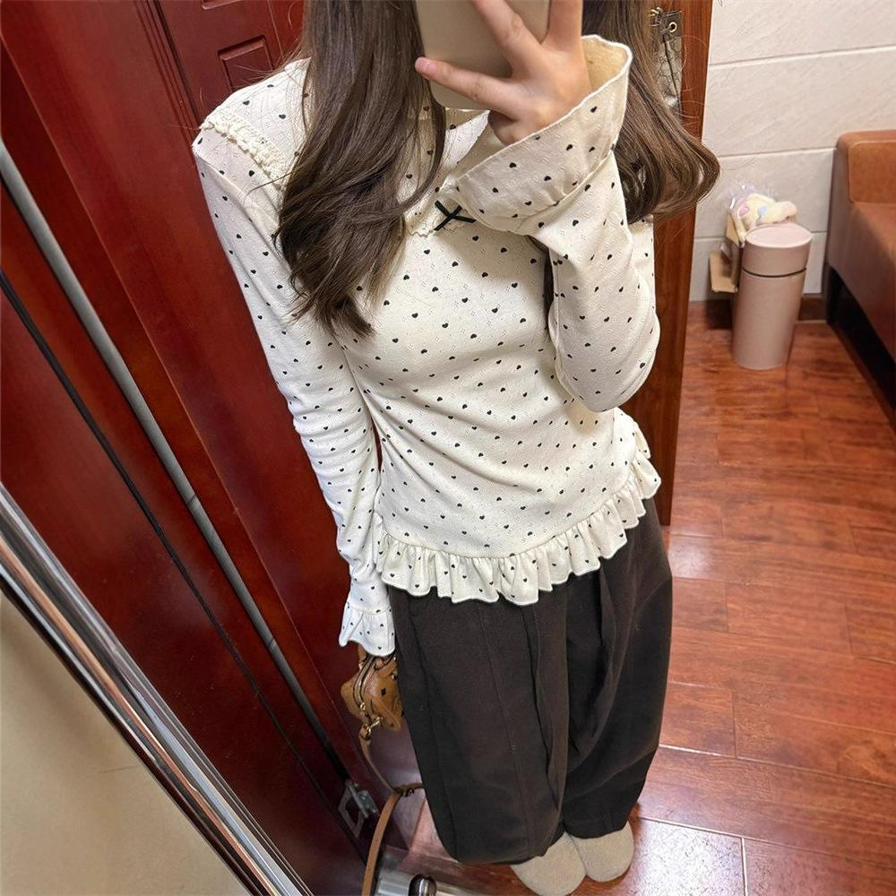 Women's Chic Korean Heart Print Bowknot Slim Long-Sleeved Base Layer Top