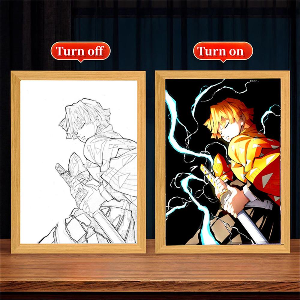 Anime Světelné Malování Měsíční Lampa Kyojuro Rengoku Kimetsu Demon Slayer LED Fotorámeček pro Pokojové Nástěnné Umění Hoom Deco No Yaiba Dárky
