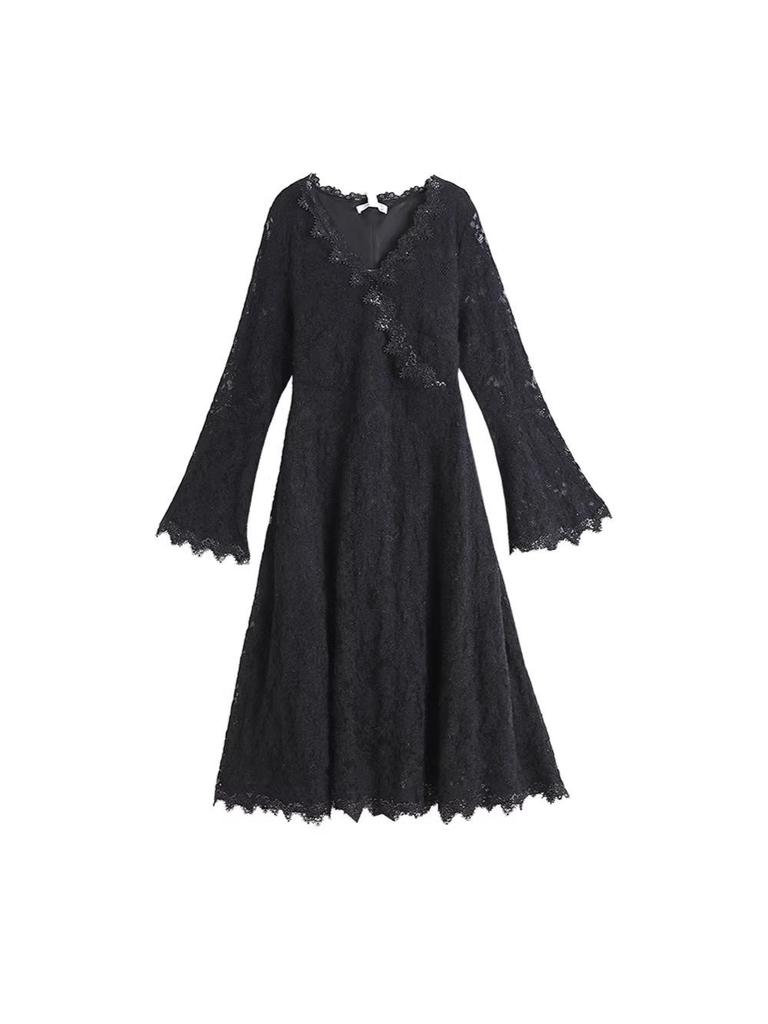 Plus Size Women's Deep V-Neck Lace-Up Dress (130-320 Jin) - Spring Fashion with Hollow Lace Design for fuller figures
