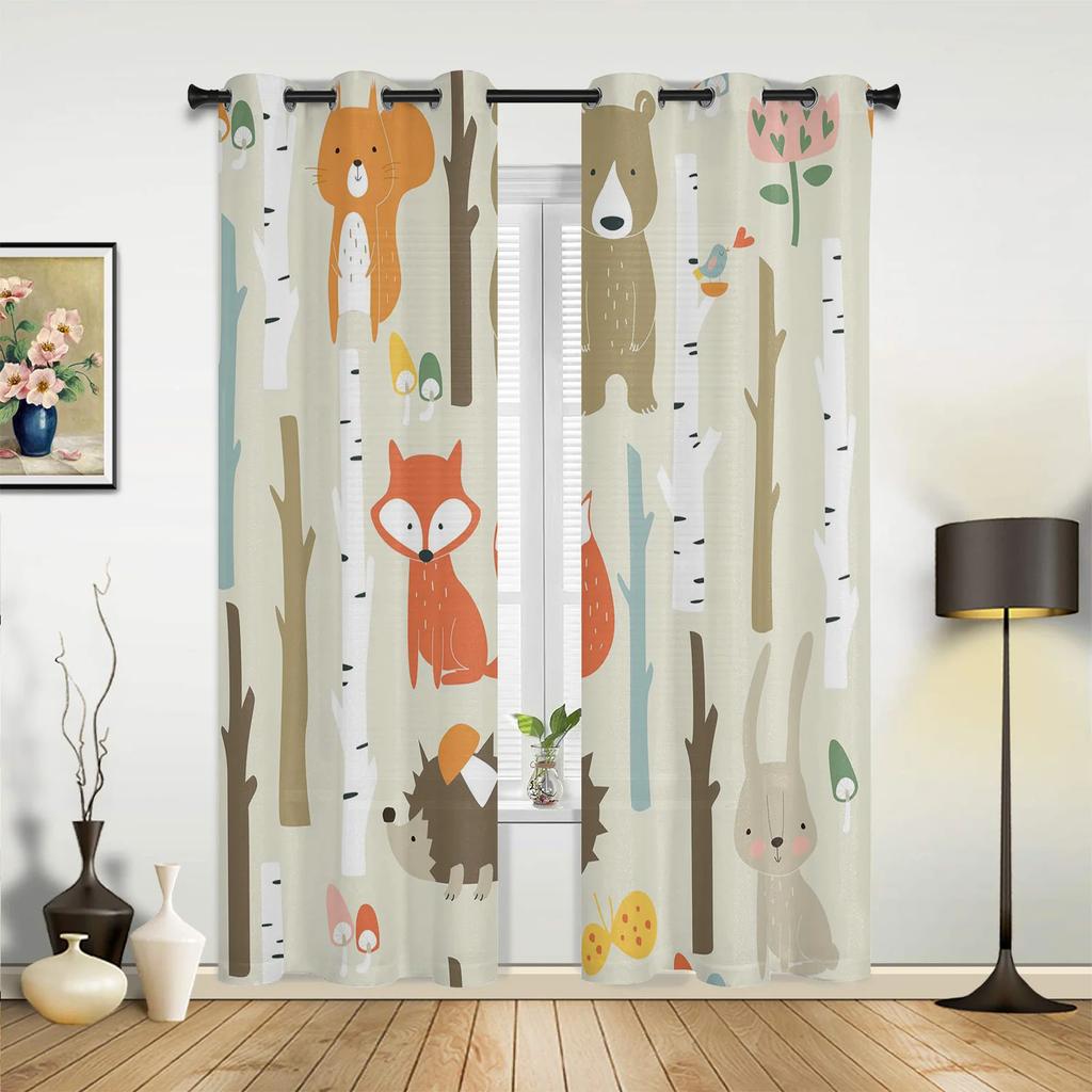 Animal Bird Fox Forest Winter Birch Tree Window Curtains Home Decor Living Room Curtains Kid's Room Cortinas For Kitchen Bedroom