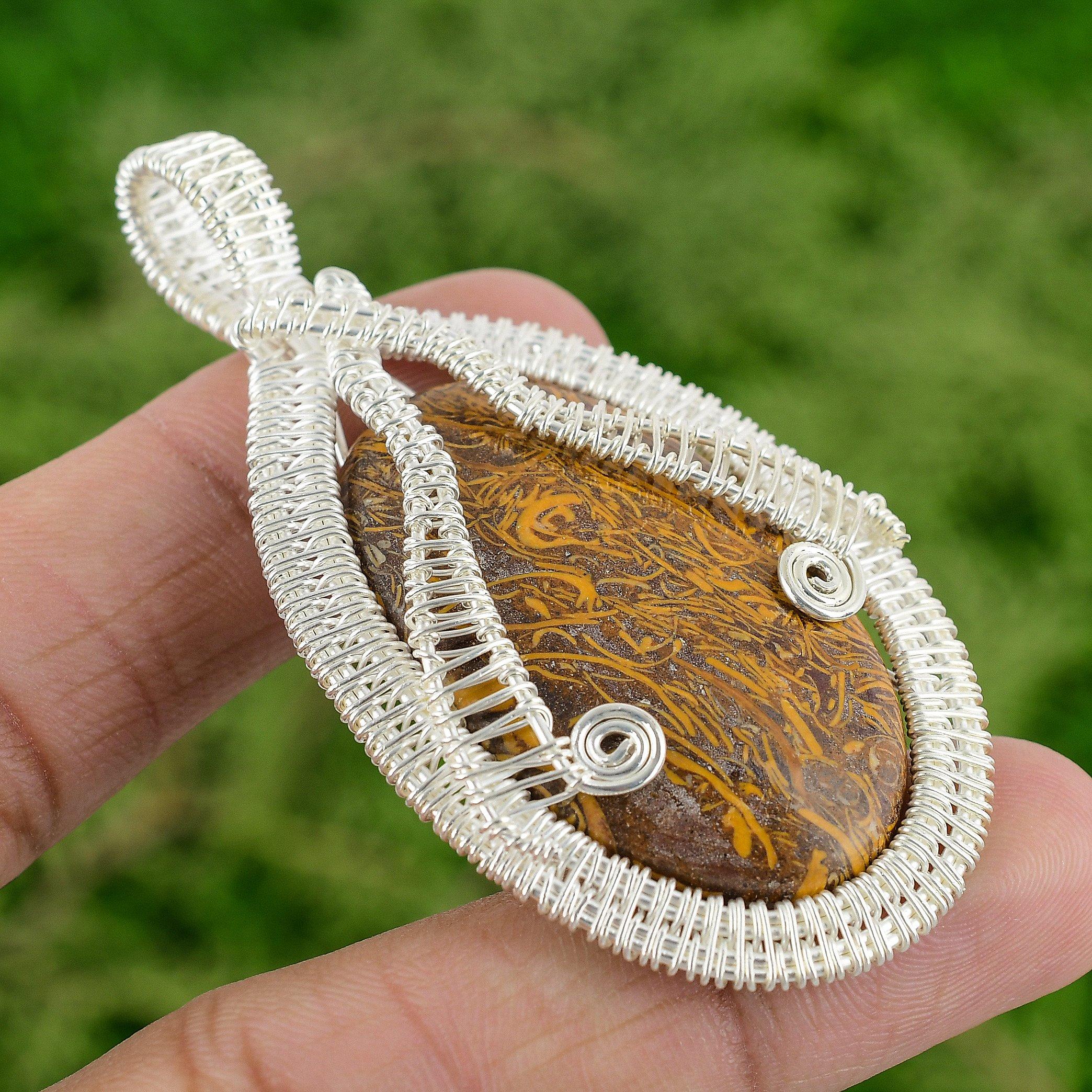 

Daughters Day Sale 925 Silver Oval Mariam Jasper Gemstone Wire Wrapped Pendant