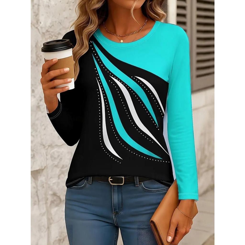 Casual Long Sleeve Tops Geometric Abstract Graphic 3D Printed T-shirts Round Neck Fall Winter Streetwear Pullover