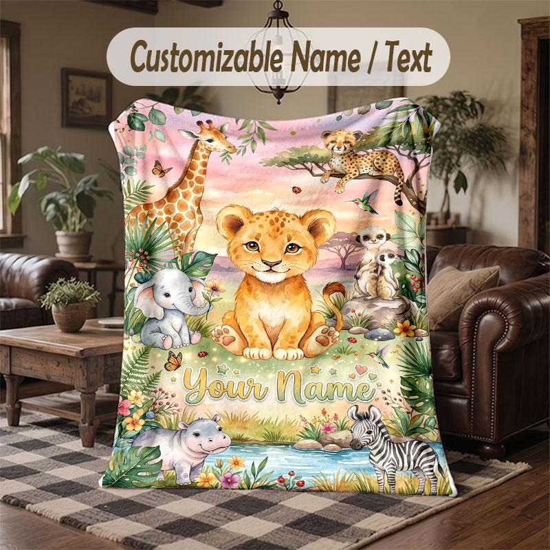 Wildlife Animals Theme Throw Blanket Custom Name Text Personalized Blanket Soft Cozy Blanket for Home Sofa Bed