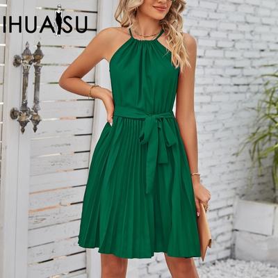 Sommer Damen Neues Neckholder-Minikleid mit Schnürung, ärmellos, plissiert