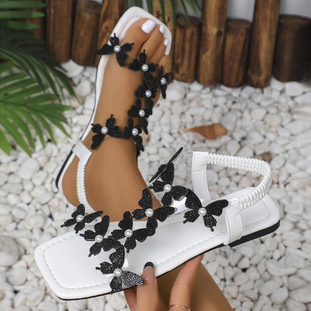 Mode Damen Sandalen Sommer 2025 Neue Flache Strandsandalen Schmetterlingsdekoration Böhmischer Stil Sandalen Sommerschuhe Frau Elegantes Schuhwerk