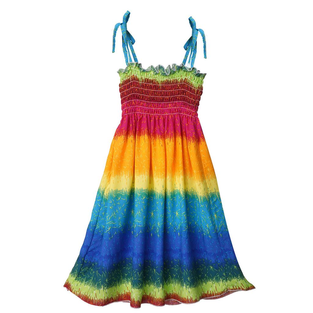 Girls Bohemian Beach Dress Off Shoulder Floral Sleeveless Rainbow Straps Suspender Dress with Necklace Summer Outfit