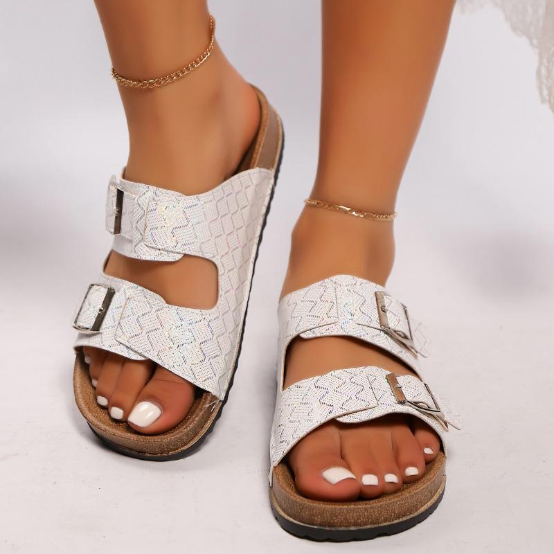 Fashion Plus Size 2025 Summer Women’s Open Toe Slippers Buckle Round Toe Platform Flat with Sandals for Outdoor Daily Casual Slippers