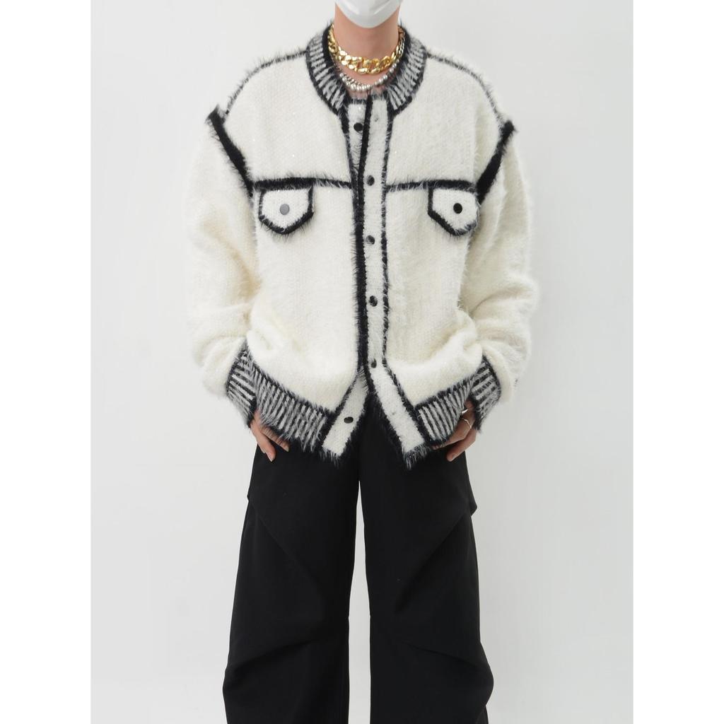 Unisex Color Block Knit Cardigan Jacket - Heavyweight Plush, Autumn/Winter Trendy Loose Fit